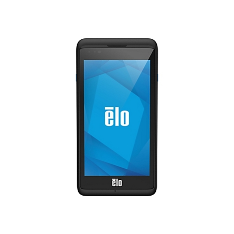 Schwarzes Tablet mit blauem Bildschirm, auf dem das Elo-Logo steht.