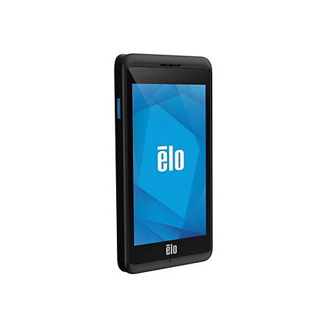 Schwarzes Smartphone mit blauem Bildschirm, Ä“lo-Logo. Vor weiÃŸem Hintergrund.