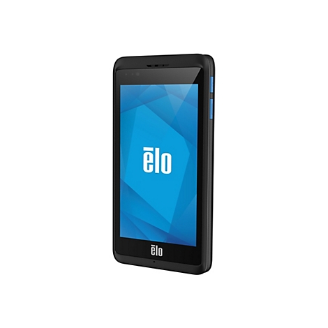 Schwarzes Tablet mit blauem Bildschirm, darauf das Wort elo in weiÃŸ. GerÃ¤t leicht geneigt.