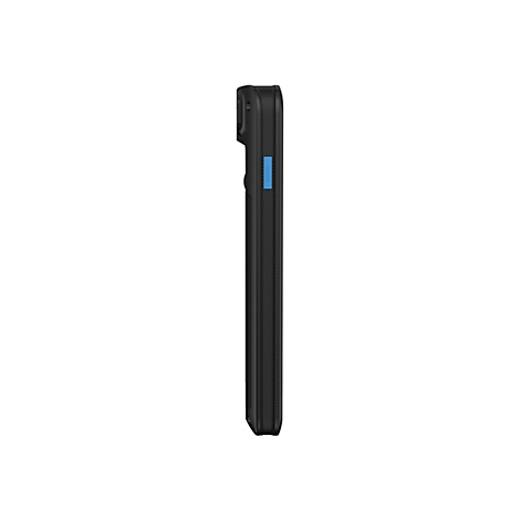Schwarzes Smartphone-GehÃ¤use im Profil mit blauer Taste. Gestreifte Textur.