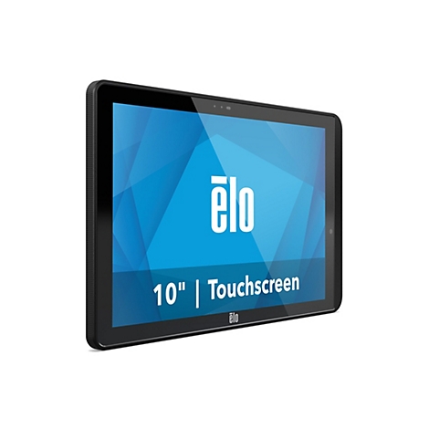 Une tablette tactile noire de 10 pouces avec un écran bleu et un logo blanc, sur fond blanc.