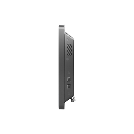 Moniteur gris de profil, avec boutons, haut-parleur et connecteur.