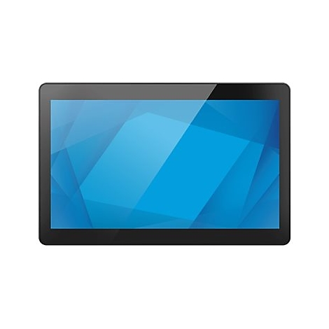 Tablette noire avec un écran bleu recouvert d'une surface en verre. L'écran affiche des formes géométriques bleues abstraites.