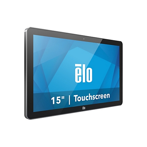 Une tablette tactile avec un cadre noir et un fond blanc. Sur l'écran : logo "elo" et texte "15" | Écran tactile".