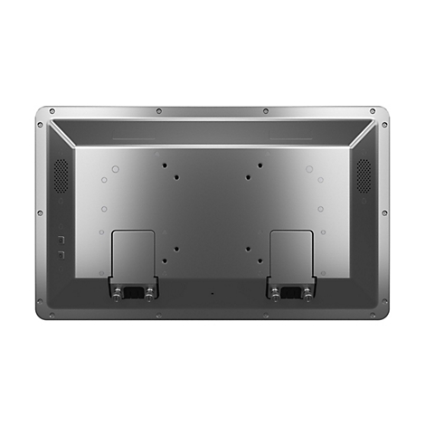 Arrière d'un moniteur argenté avec connecteurs, trous et vis.