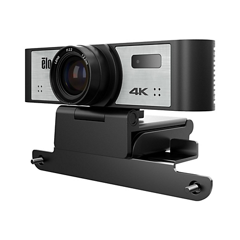 Une webcam noire avec objectif, panneau avant argenté et lettrage 4K. Elle est montée sur un support.