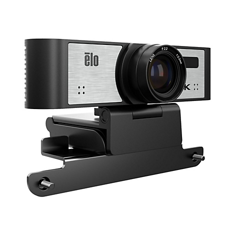 Webcam noire avec panneau argenté et inscription "elo", montée sur un système de support.