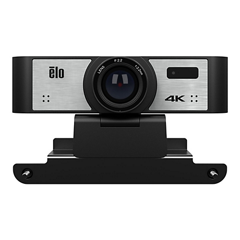 Une webcam noire avec un panneau avant argenté, une résolution 4K et le logo 'elo'.