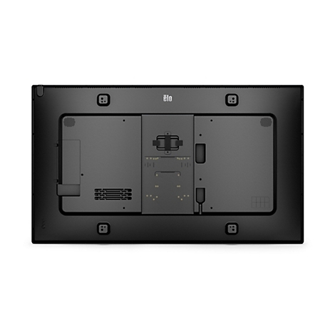 Dos d'un écran tactile Elo noir avec logo. Des connecteurs, des fixations et des fentes d'aération sont visibles.