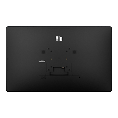 Arrière d'un écran tactile Elo noir, avec le logo Elo, des ports et des ouvertures de ventilation.