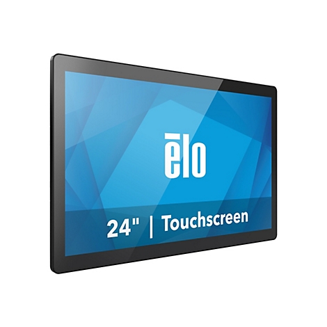 Moniteur à écran tactile noir avec logo Elo, 24 pouces et fonction écran tactile. Fond bleu.