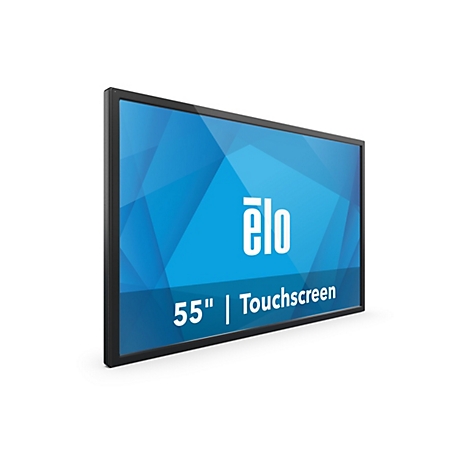 Ein 55-Zoll-Touchscreen-Monitor von Elo vor weißem Hintergrund. Der Bildschirm zeigt blaues geometrisches Muster mit Logo und Schriftzug.