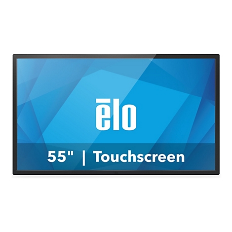 Ein schwarzer Touchscreen-Monitor mit dem Elo-Logo und der Aufschrift 55" | Touchscreen auf blauem Hintergrund.