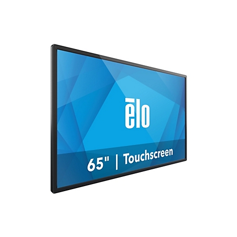 Ein 65-Zoll-Touchscreen-Monitor mit schwarzem Rahmen, weißem Logo und blauen Hintergrundbild. Auf dem Bildschirm steht 'Elo'.