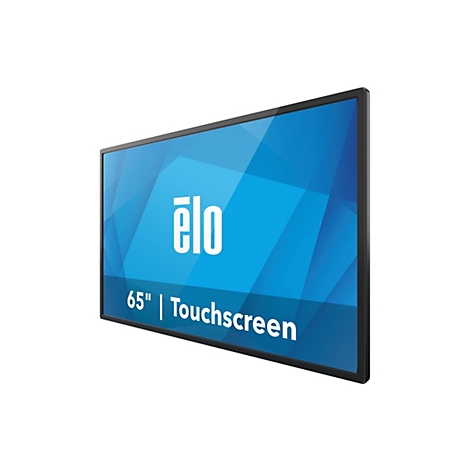 Schwarz gerahmter Touchscreen mit blauem Hintergrund. Logo "elo" und Text "65" Touchscreen".