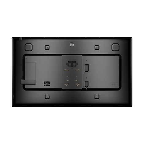Rückseite eines schwarzen Elo-Touchscreen-Monitors mit Lautsprechern, Anschlüssen und dem Elo-Logo.
