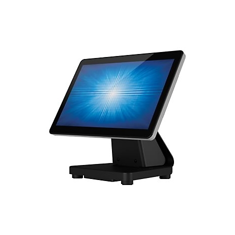 Ein Point-of-Sale-System mit Touchscreen-Monitor, schwarz und silber. Der Bildschirm zeigt ein blaues Design.