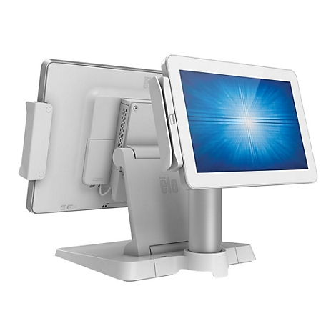 Hellgraues POS-Terminal, zwei Bildschirme, einer zeigt blaues Lichtmuster. Elo-Logo.