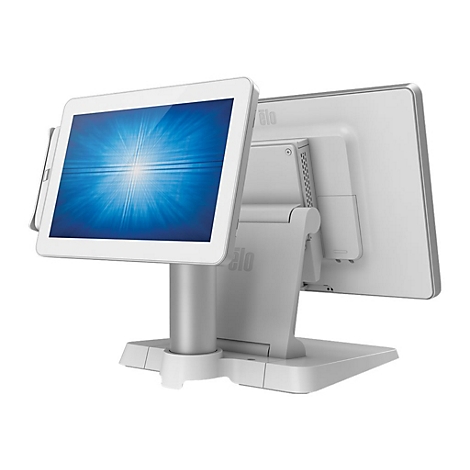 Ein graues Touchscreen-Terminal mit Display, auf dem ein blauer Hintergrund mit hellem Lichtstrahl zu sehen ist. Aufschrift „elo“.