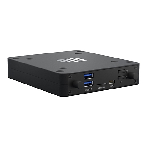 Ein schwarzes, rechteckiges Gerät mit USB-, Micro-SD- und GPIO-Anschlüssen. Auf der Oberseite ist ein Logo zu sehen.