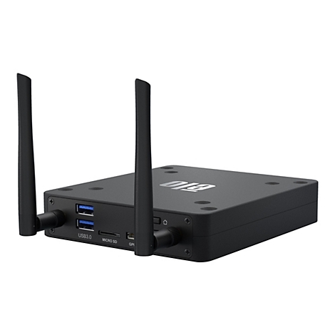 Schwarzer Mini-Computer mit zwei Antennen. Auf der Oberfläche sind Anschlüsse und das Logo zu sehen.