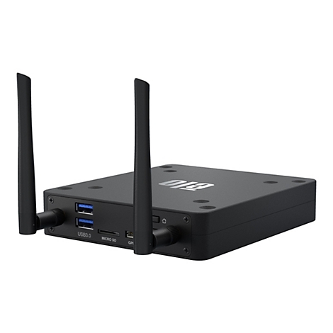 Ein schwarzes, rechteckiges Gerät mit zwei Antennen. USB- und Micro SD-Anschlüsse sind zu sehen.