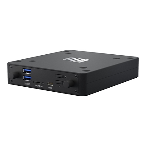 Schwarze, rechteckige Box mit Anschlüssen für USB 3.0, Micro SD und GPIO. Auf der Oberseite ist das Logo "DIO" zu sehen.