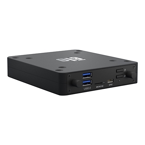 Schwarze, rechteckige Elektronikbox mit Anschlüssen für USB 3.0, Micro SD und GPIO. Ein Knopf und Schrauben sind sichtbar.