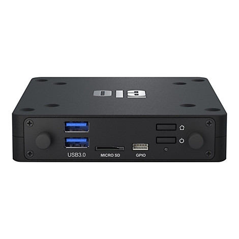 Schwarzes elektronisches Gerät mit Anschlüssen für USB, Micro-SD und GPIO. Oben steht der Schriftzug "DIA".