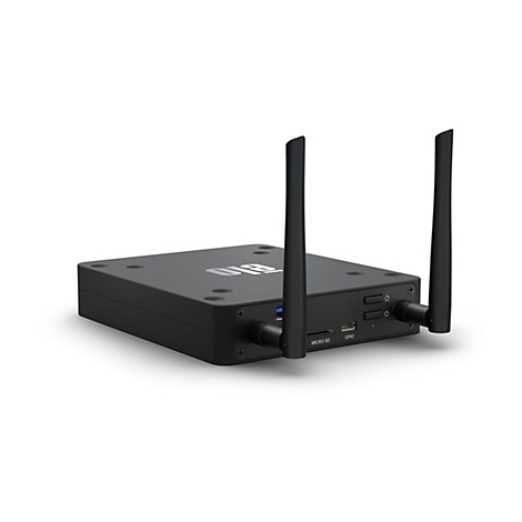 Schwarze Elo-Box mit zwei Antennen und Anschlüssen wie Micro SD und GPIO auf weißem Hintergrund.