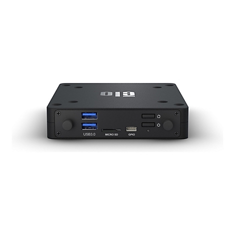 Schwarze Elo Compute Engine mit Anschlüssen für USB 3.0, Micro SD und GPIO auf weißem Hintergrund.