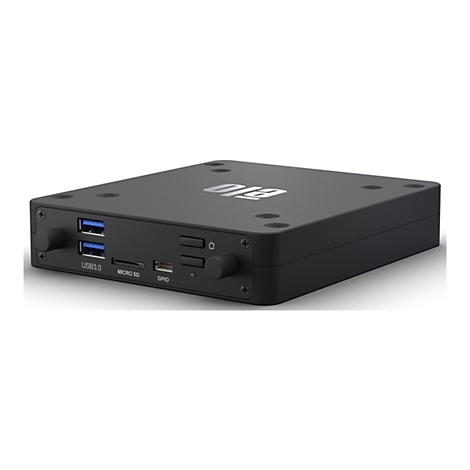 Schwarze Elo Computerbox mit USB 3.0, Micro-SD und GPIO-Anschlüssen vor weißem Hintergrund.