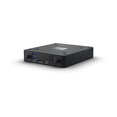 Schwarze, flache Elo Computer-Box mit Anschlüssen für USB 3.0, Micro SD und GPIO auf der Vorderseite.
