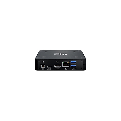 Schwarzes elektronisches Gerät mit Anschlüssen, u.a. DC, USB-C, HDMI und USB 3.0.