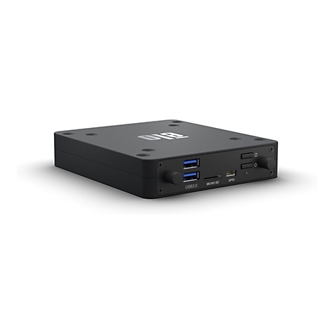 Schwarzes, rechteckiges Gerät mit Anschlüssen für USB 3.0, Micro-SD und GPIO. Oben befinden sich kreisförmige Öffnungen und das Logo der Marke.