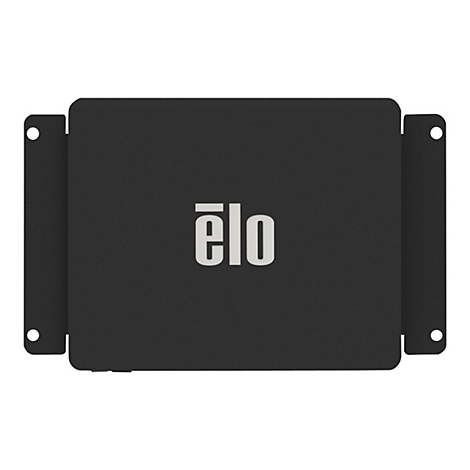 Schwarzes Gerät mit weißem „ëlo“-Logo. Seitlich sind Halterungen mit Löchern angebracht.