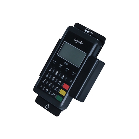 Schwarzes Ingenico-Kartenlesegerät mit numerischer Tastatur, Display und seitlichem Kartenleser. Oben steht der Name "ingenico".