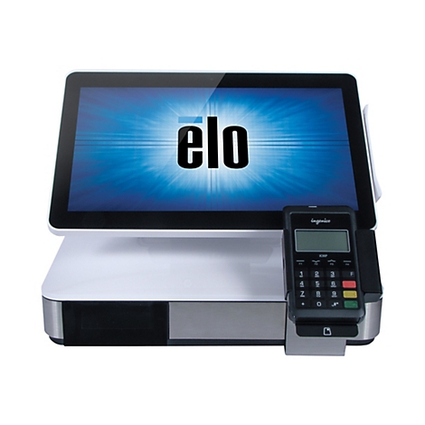 Ein Kassensystem mit Touchscreen, auf dem "elo" steht, und einem Kartenterminal.