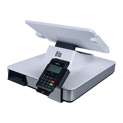 Ein weißes Kassensystem mit einem schwarzen Kartenlesegerät. Auf dem Bildschirm steht "Ingenico" und der Schriftzug "elo".