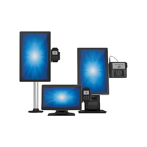 Mehrere Bildschirme und Kartenterminals in verschiedenen Ausführungen. Die Bildschirme zeigen einen blauen Hintergrund.