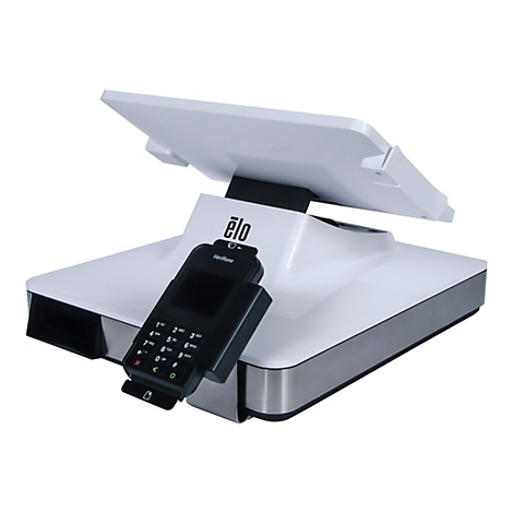 Ein weißes Kassensystem mit einem schwarzen Kartenlesegerät. Auf dem Bildschirm steht "elo" und "Verifone".