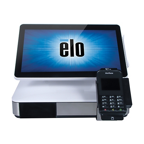 Ein Kassenterminal mit Touchscreen, auf dem das Logo "elo" steht. Daneben ein Kartenlesegerät mit der Aufschrift "Verifone".