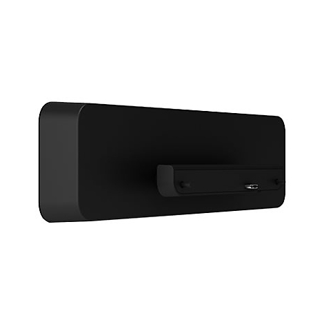 Schwarzes rechteckiges Gerät mit abgerundeten Ecken. Unten ein kleinerer, vorspringender Abschnitt mit Anschlüssen.