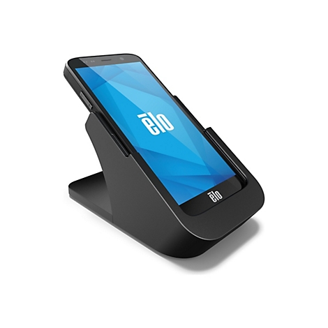 Ein schwarzes Tablet in einer Halterung. Auf dem Bildschirm ist ein blaues Logo mit dem Wort "élo" in Weiß zu sehen.