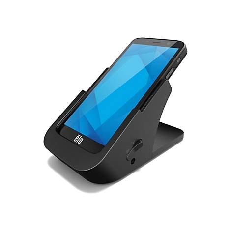 Ein schwarzes Smartphone in einer Halterung. Das Display zeigt blaues Muster. Auf der Halterung ist das Logo von "elo" zu sehen.