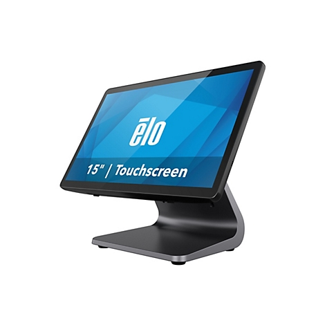 Ein Touchscreen-Monitor von Elo, 15 Zoll, vor weißem Hintergrund. Der Bildschirm zeigt blaues Muster, mit Elo-Logo und Text.