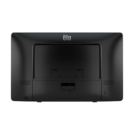Rückseite eines schwarzen Elo-Touchscreen-Monitors mit Logo. Unten Anschlüsse, Lüftungsschlitze und Aussparungen.