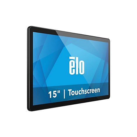 Ein schwarzes Touchscreen-Tablet, der Bildschirm zeigt das Logo „ēlo“ mit der Aufschrift „15" | Touchscreen“.