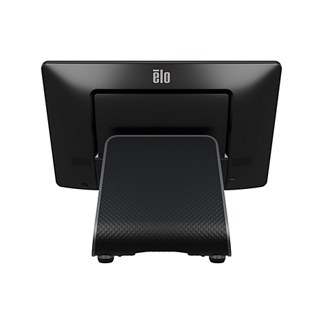 Schwarzer Elo-Touchscreen-Monitor von hinten; Logo oben, rautenförmige Basis. Ports und ein USB-Anschluss sind sichtbar.