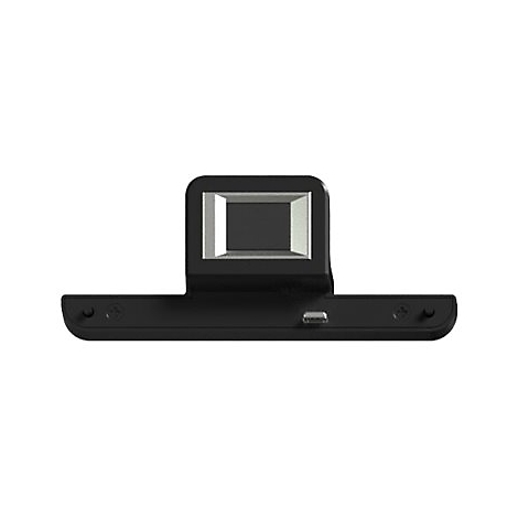 Schwarzes elektronisches Gerät, rechteckiger Bildschirm, darunter eine längliche Basis mit Schrauben und einem Anschluss.